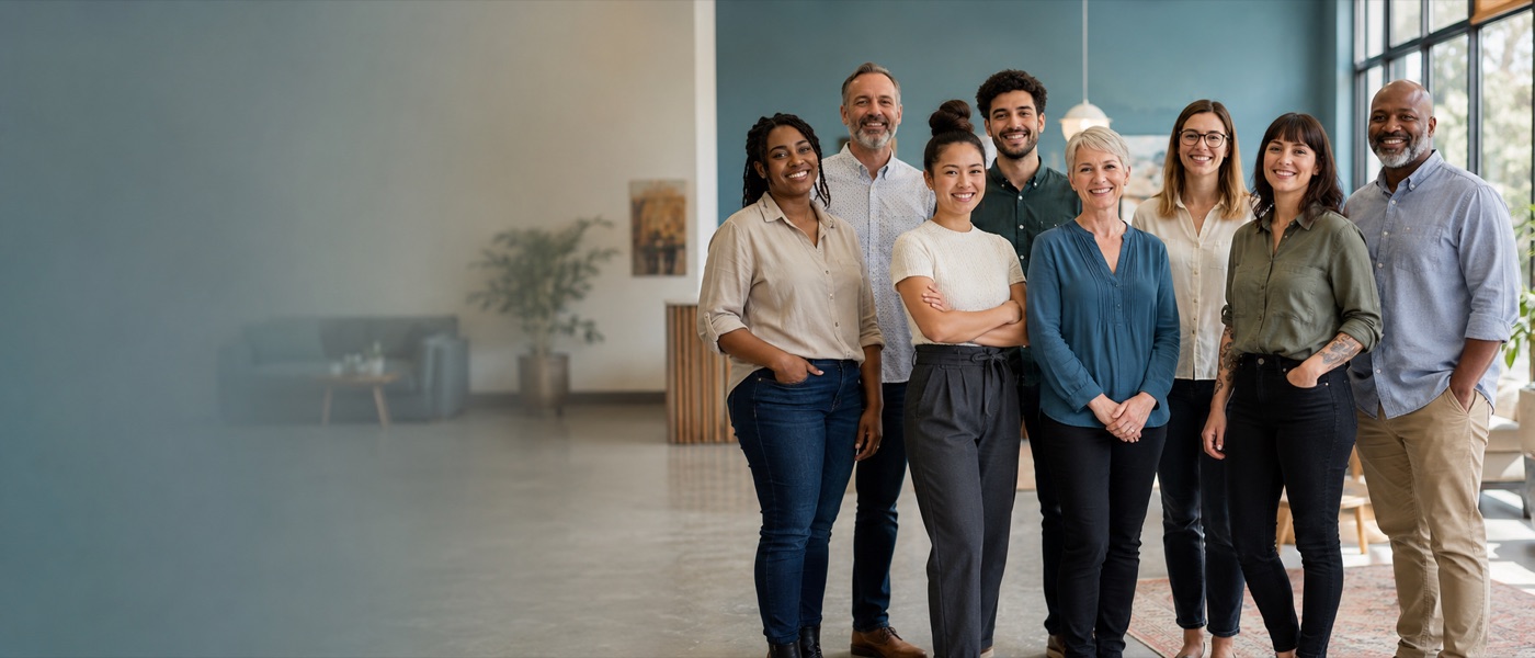 A diverse group of mental health professionals in business casual, gathered in conversation